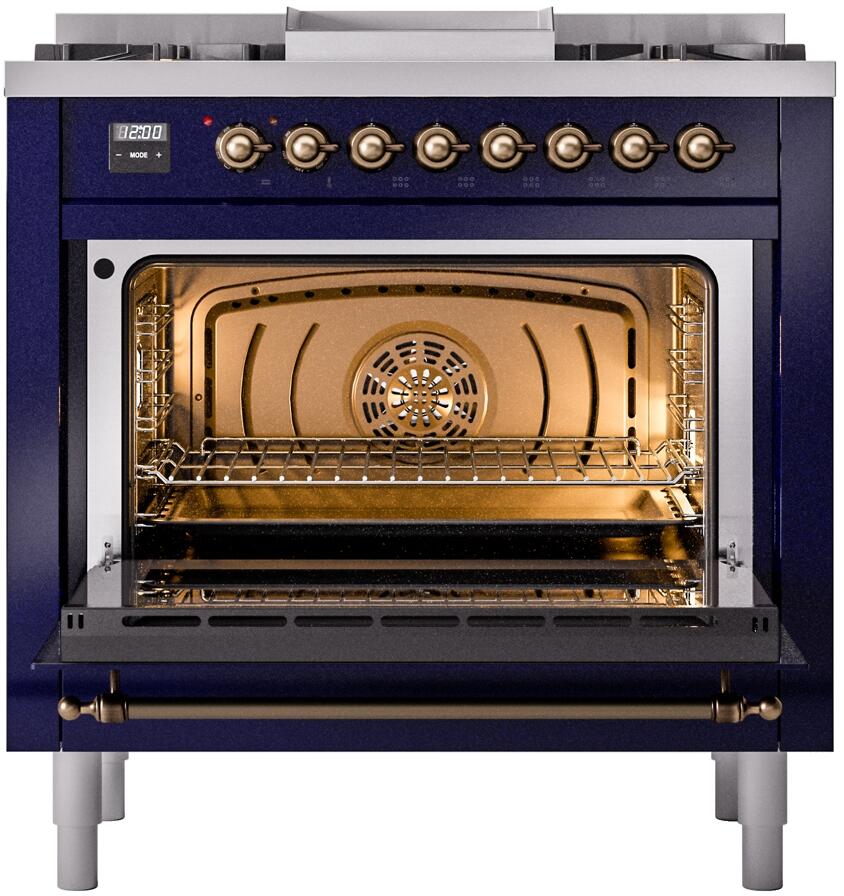 Nostalgie II 36 Inch Dual Fuel Liquid Propane Freestanding Range in Blue with Bronze Trim