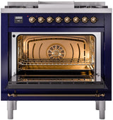 Nostalgie II 36 Inch Dual Fuel Liquid Propane Freestanding Range in Blue with Bronze Trim