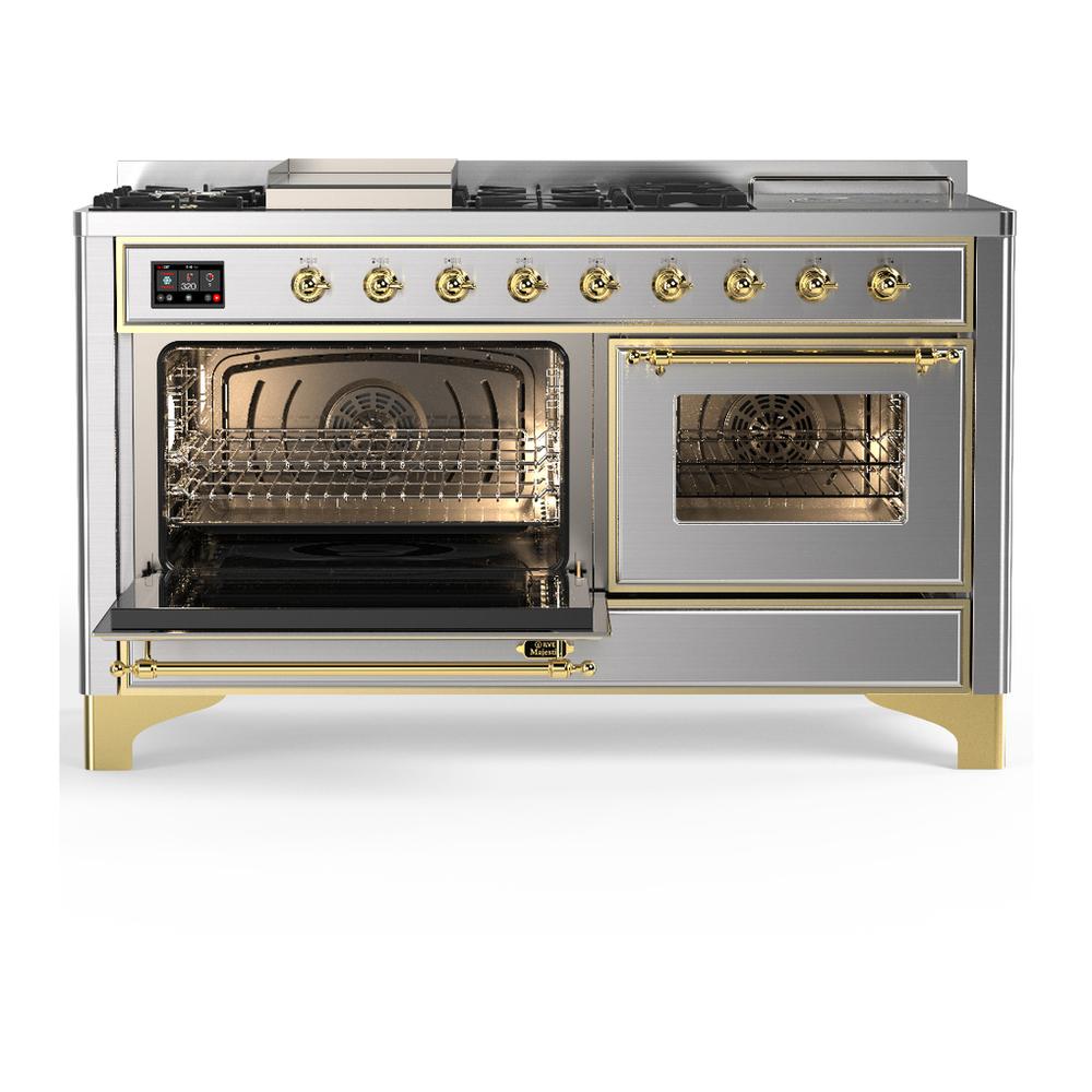ILVE UM60FSNR3SSGLP Majestic III 60 inch Dual Fuel Range with 7 Burners, Griddle and French Top, Dual Function Burner with up to 25,000 BTU (Liquid Propane, Triple Glass Door, Stainless Steel, Brass)
