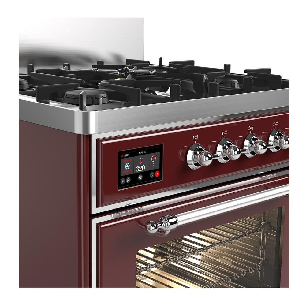 ILVE UM30NR3BUCLP Majestic III 30 inch Dual Fuel Range with 5 Black Brass Burners, Dual Function Burner up to 25,000 BTU (Liquid Propane, Triple Glass Door, Burgundy, Chrome)