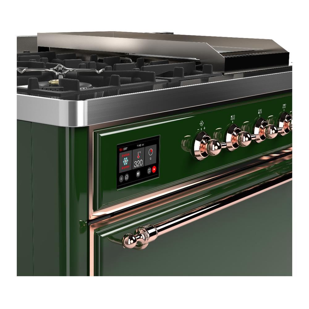 ILVE UM48FSQNR3EGPLP Majestic III 48 inch Dual Fuel Range with 5 Black Brass Burners, Griddle and French Top, Dual Function Burner up to 25,000 BTU (Liquid Propane, Solid Door, Emerald Green, Copper)