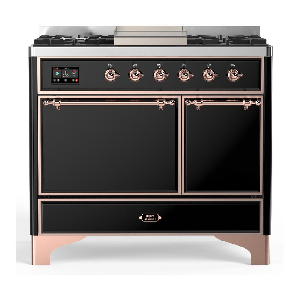 ILVE UMD40FQNR3BKPLP Majestic III 40 inch Dual Fuel Range with 6 Burners and Griddle, Dual Function Burner up to 25,000 BTU (Liquid Propane, Solid Door, Glossy Black, Copper)