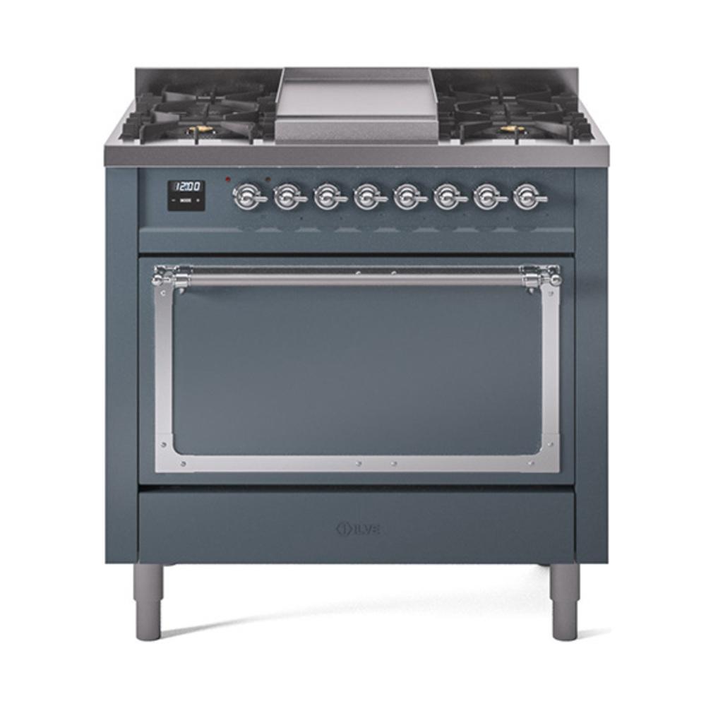 ILVE UN36FQNMPBGCLP Nostalgie II Noblesse 36 inch Dual Fuel Range (Liquid Propane, Solid Door, Blue Grey, Chrome)