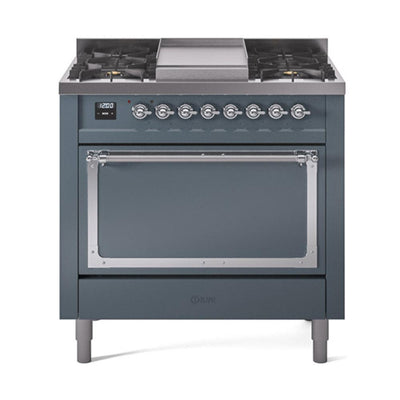 ILVE UN36FQNMPBGCLP Nostalgie II Noblesse 36 inch Dual Fuel Range (Liquid Propane, Solid Door, Blue Grey, Chrome)