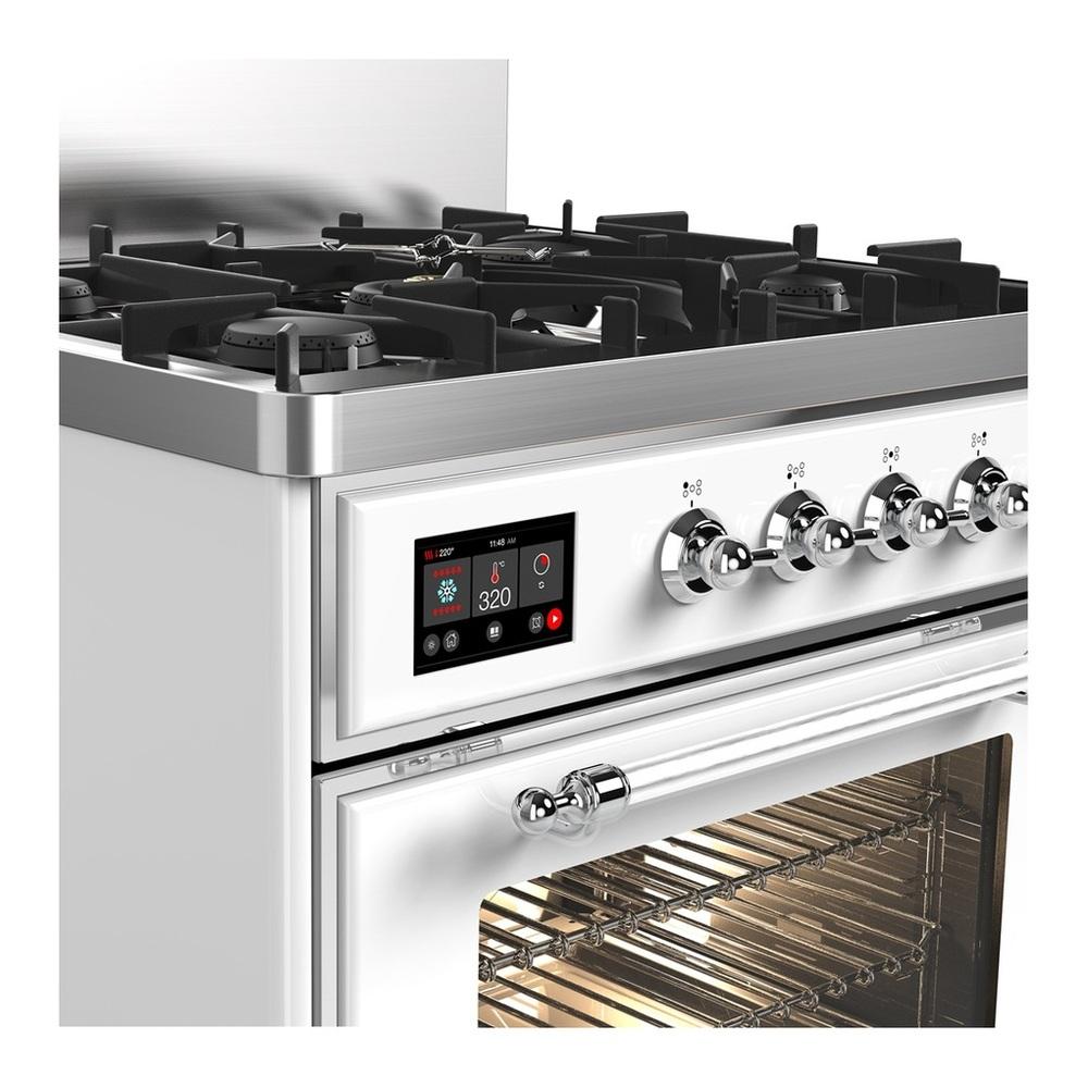 ILVE UM30NR3WHCLP Majestic III 30 inch Dual Fuel Range with 5 Black Brass Burners, Dual Function Burner up to 25,000 BTU (Liquid Propane, Triple Glass Door, White, Chrome)