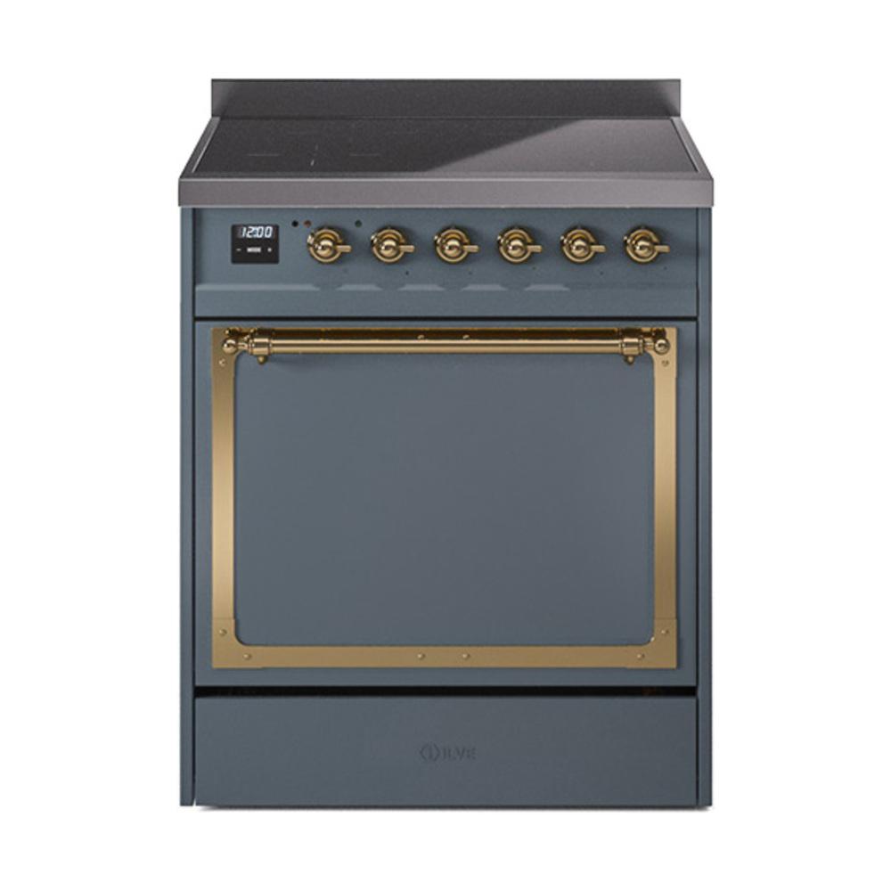 ILVE UNI304QNMPBGG Nostalgie II Noblesse 30 inch Induction Range (Solid Door, Blue Grey, Brass)