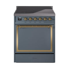 ILVE UNI304QNMPBGG Nostalgie II Noblesse 30 inch Induction Range (Solid Door, Blue Grey, Brass)
