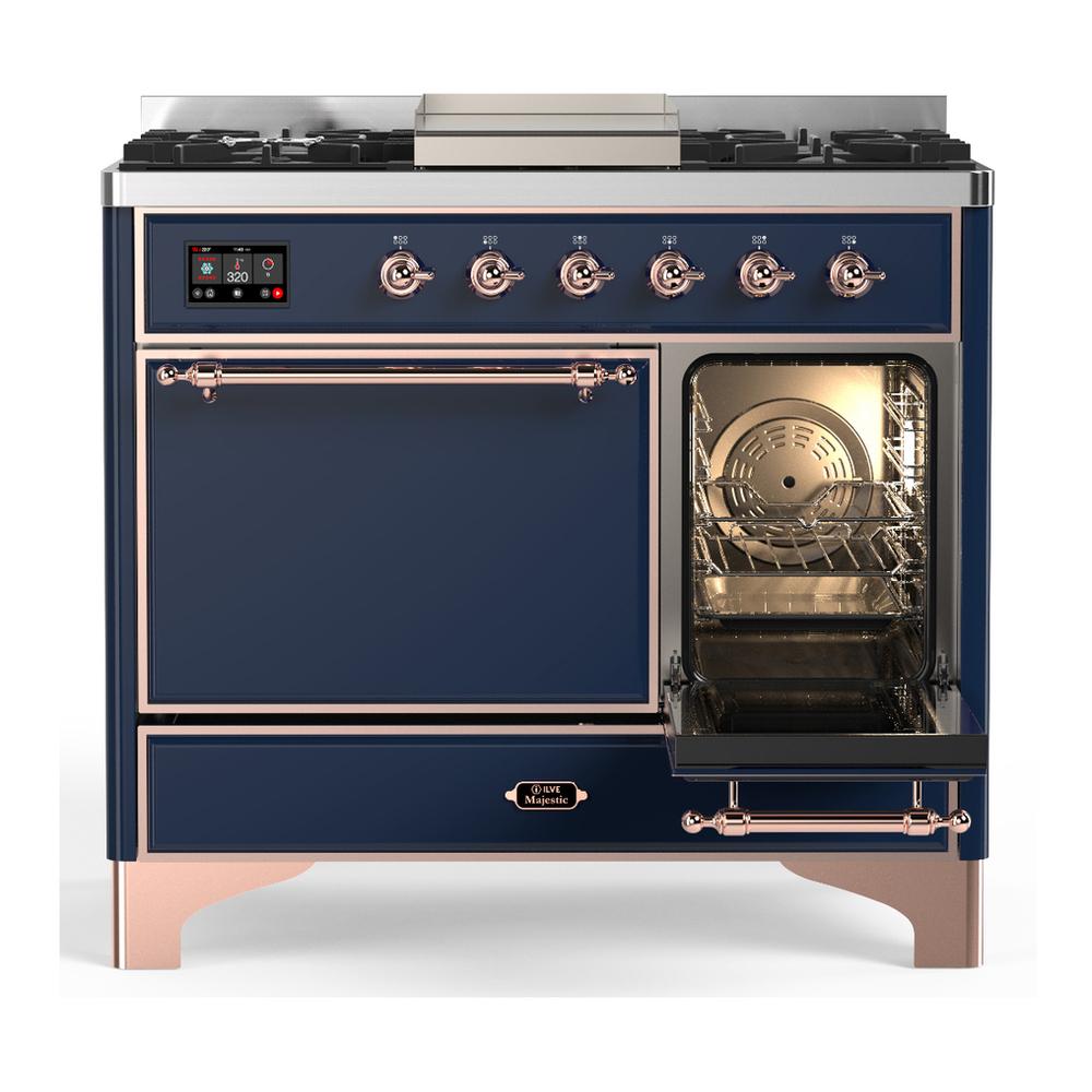 ILVE UMD40FQNR3MBPLP Majestic III 40 inch Dual Fuel Range with 6 Burners and Griddle, Dual Function Burner up to 25,000 BTU (Liquid Propane, Solid Door, Midnight Blue, Copper)
