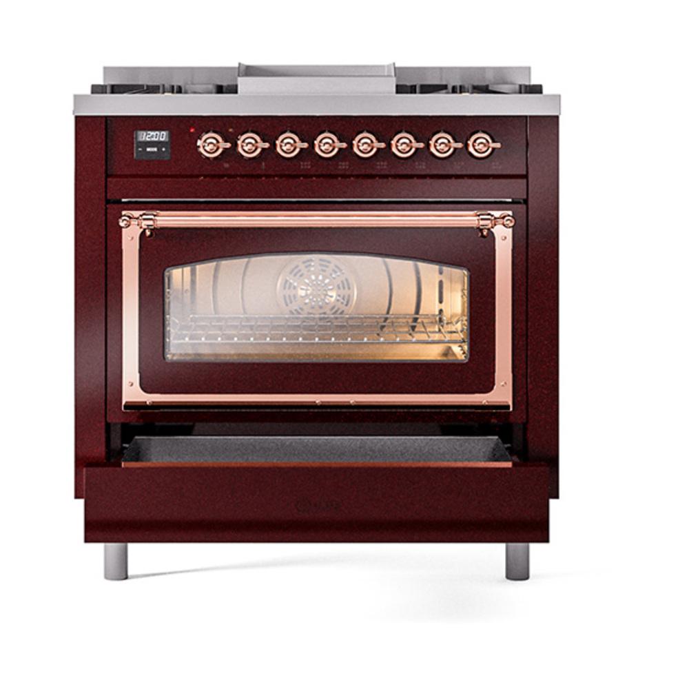 ILVE UN36FNMPBUPLP Nostalgie II Noblesse 36 inch Dual Fuel Range (Liquid Propane, Triple Glass Door, Burgundy, Copper)