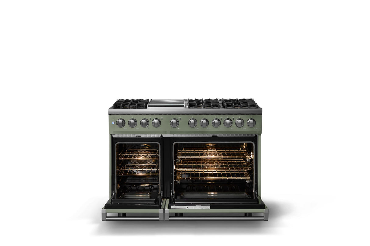 48"W. Dual Fuel Range (Burner: 6g, Finish: Eucalyptus, Trim: Polished Chrome, Fuel: Natural Gas)