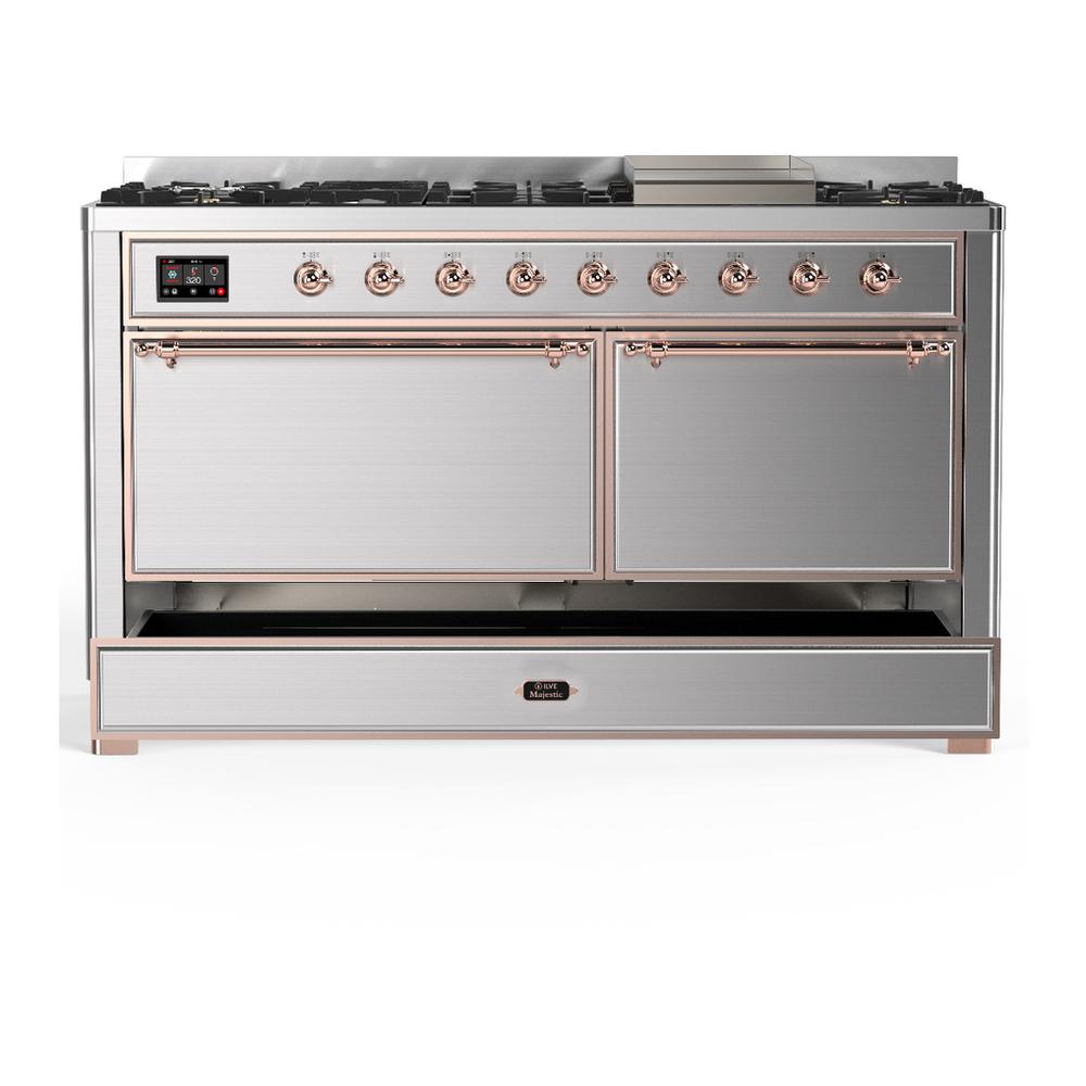 ILVE UM60FQNR3SSP Majestic III 60 inch Dual Fuel Range with 9 Burners and Griddle, Dual Function Burner up to 25,000 BTU (Natural Gas, Solid Door, Stainless Steel, Copper)