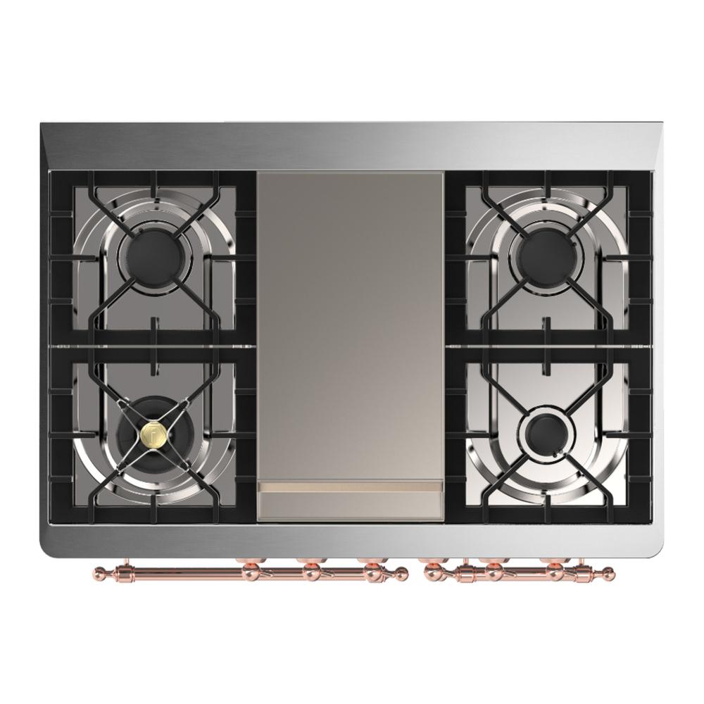 ILVE UMD40FQNR3WHPLP Majestic III 40 inch Dual Fuel Range with 6 Burners and Griddle, Dual Function Burner up to 25,000 BTU (Liquid Propane, Solid Door, White, Copper)