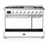 ILVE UM48FQNR3WHCLP Majestic III 48 inch Dual Fuel Range with 8 Burners and Griddle, Dual Function Burner up to 25,000 BTU (Liquid Propane, Solid Door, White, Chrome)