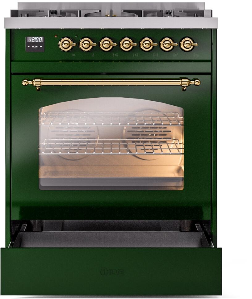 Nostalgie II 30 Inch Dual Fuel Liquid Propane Freestanding Range in Emerald Green with Brass Trim