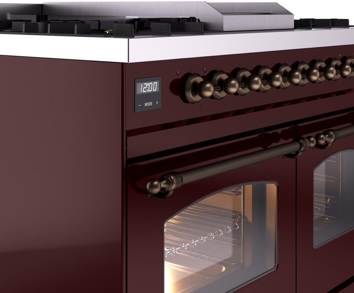 Nostalgie II 40 Inch Dual Fuel Natural Gas Freestanding Range in Burgundy with Bronze Trim