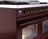 Nostalgie II 40 Inch Dual Fuel Natural Gas Freestanding Range in Burgundy with Bronze Trim