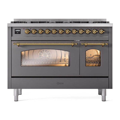 ILVE UP488NMPMGG Nostalgie II 48 inch Dual Fuel Range with 8 Total Black Brass Sealed Burners, Brass Trim (Limited Edition) (Natural Gas, Graphite Matte)