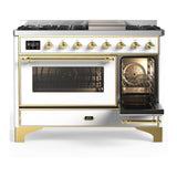 ILVE UM48FNR3WHG Majestic III 48 inch Dual Fuel Range with 8 Burners and Griddle, Dual Function Burner up to 25,000 BTU (Natural Gas, Triple Glass Door, White, Brass)