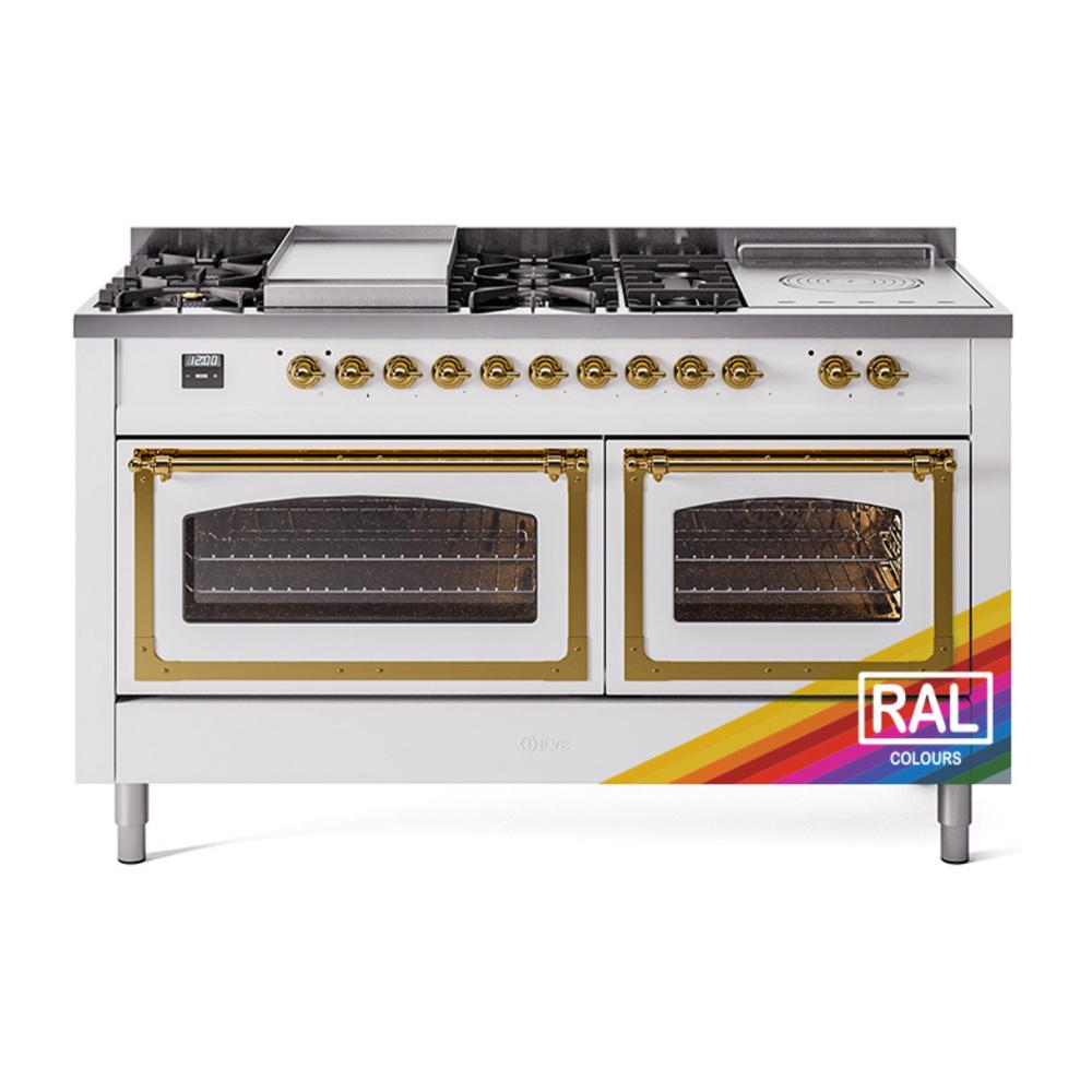 ILVE UN60FSNMPRAGLP Nostalgie II Noblesse 60 inch Dual Fuel Range (7 Sealed Burners + Griddle + French Top, Liquid Propane, Triple Glass Door, RAL, Brass)