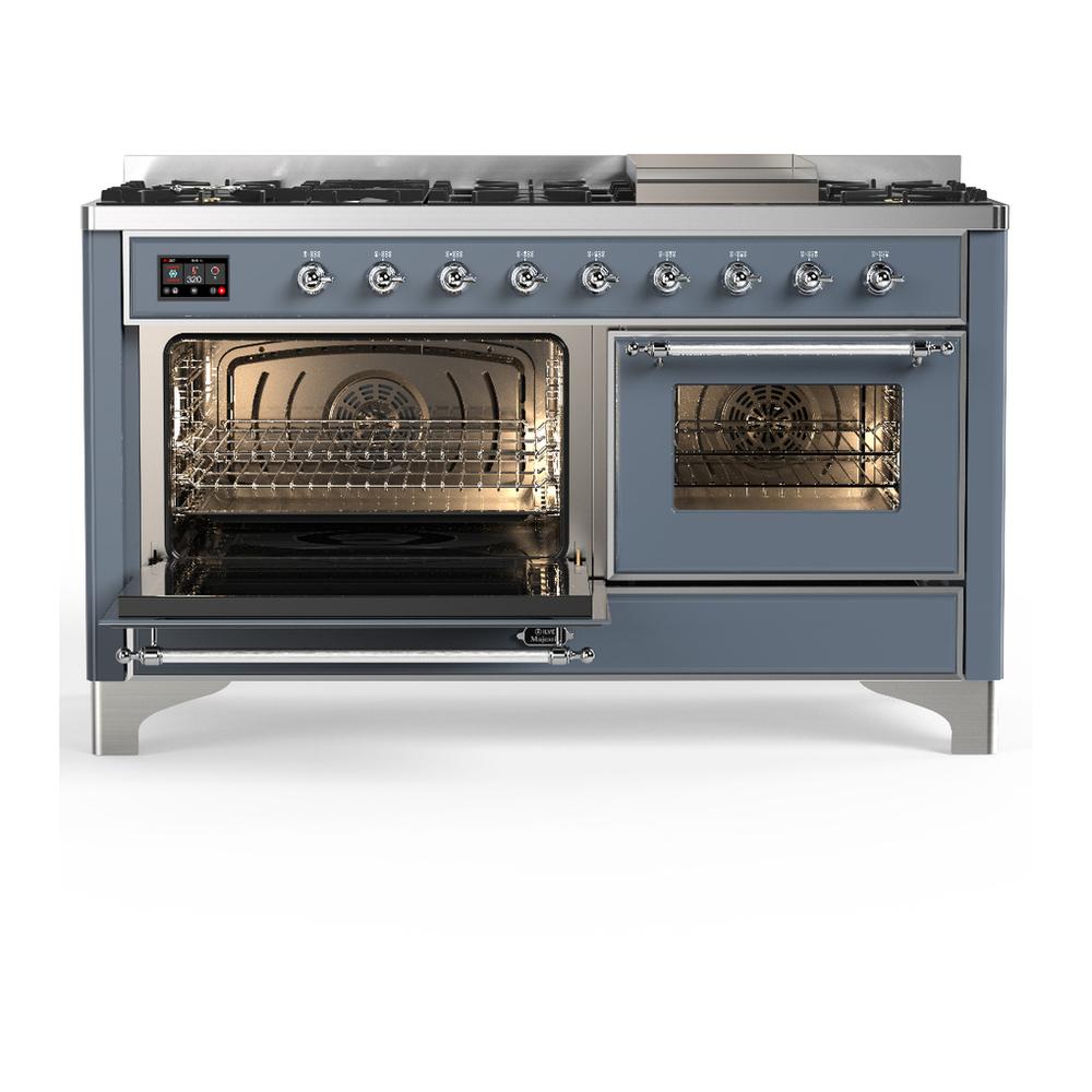 ILVE UM60FNR3BGCLP Majestic III 60 inch Dual Fuel Range with 9 Burners and Griddle, Dual Function Burner up to 25,000 BTU (Liquid Propane, Triple Glass Door, Blue Grey, Chrome)