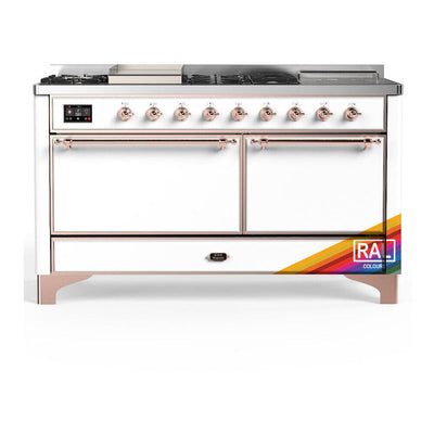 ILVE UM60FSQNR3RAPLP Majestic III 60 inch Dual Fuel Range with 7 Burners, Griddle and French Top, Dual Function Burner with up to 25,000 BTU (Liquid Propane, Solid Door, RAL, Copper)