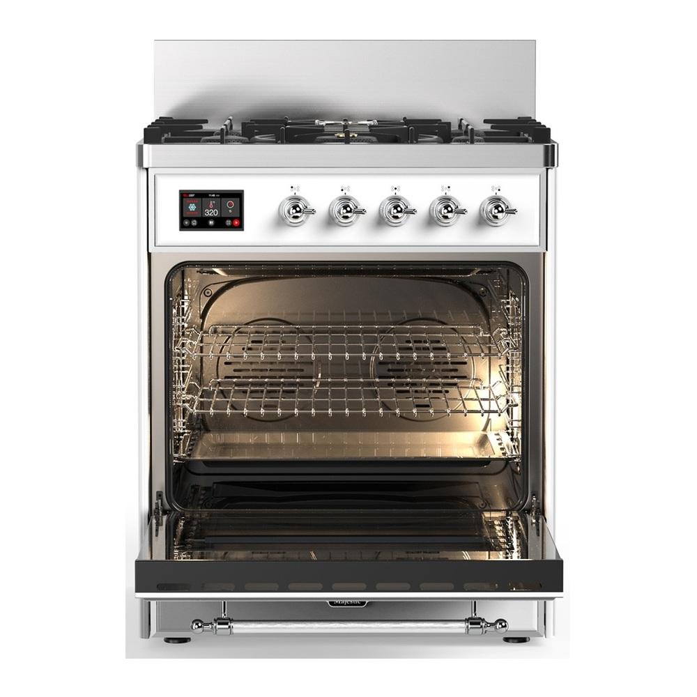 ILVE UM30QNR3RACLP Majestic III 30 inch Dual Fuel Range with 5 Black Brass Burners, Dual Function Burner up to 25,000 BTU (Liquid Propane, Solid Door, RAL, Chrome)