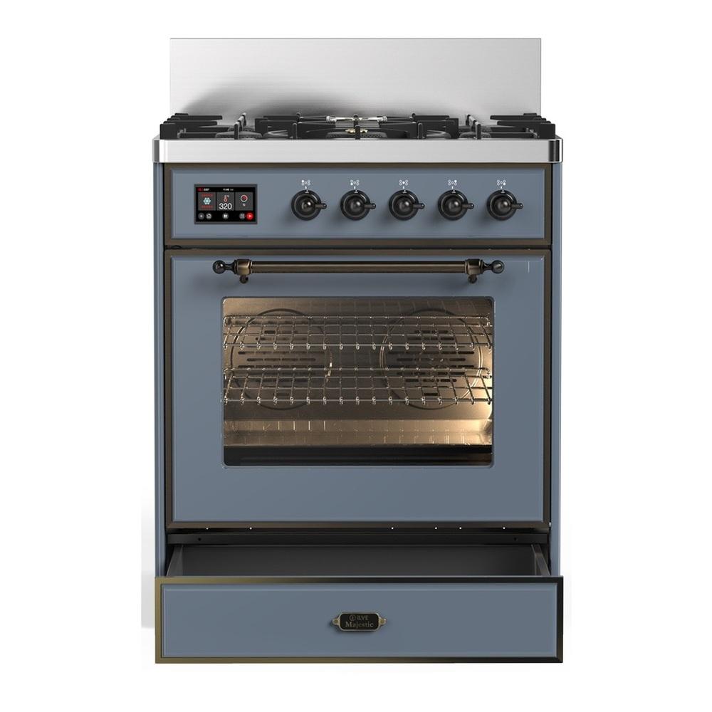 ILVE UM30NR3BGB Majestic III 30 inch Dual Fuel Range with 5 Black Brass Burners, Dual Function Burner up to 25,000 BTU (Natural Gas, Triple Glass Door, Blue Grey, Burnished)