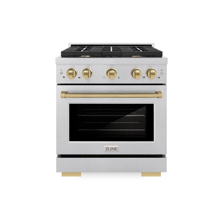 ZLINE Autograph Edition 30 in. 4.2 cu. ft. 4 Burner Gas Range with Convection Gas Oven in DuraSnow' Stainless Steel and Champagne Bronze Accents (SGRSZ-30-CB)