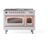 ILVE UN48FSNMPWHPLP Nostalgie II Noblesse 48 inch Dual Fuel Range (5 Sealed Burners + Griddle + French Top, Liquid Propane, Triple Glass Door, White, Copper)
