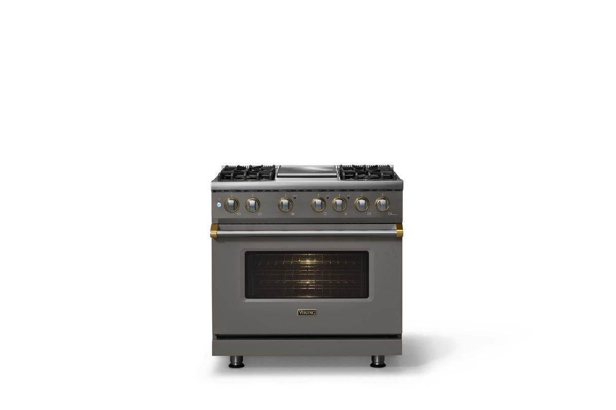 36"W. Dual Fuel Range (Burner: 4g, Finish: Damascus Gray, Trim: Polished Chrome, Fuel: Propane)
