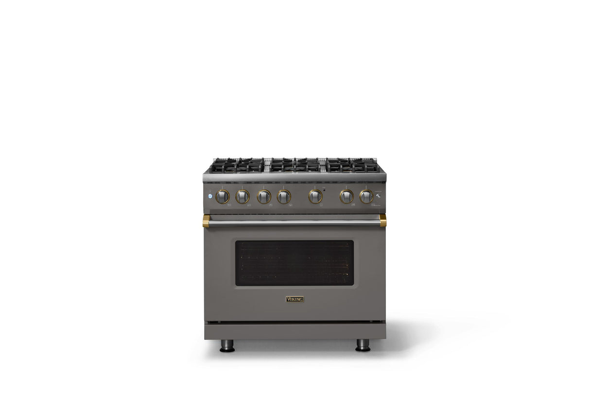 36"W. Sealed Burner Gas Range (Burner: 6b, Finish: Damascus Gray, Trim: Brushed Brass, Fuel: Propane)