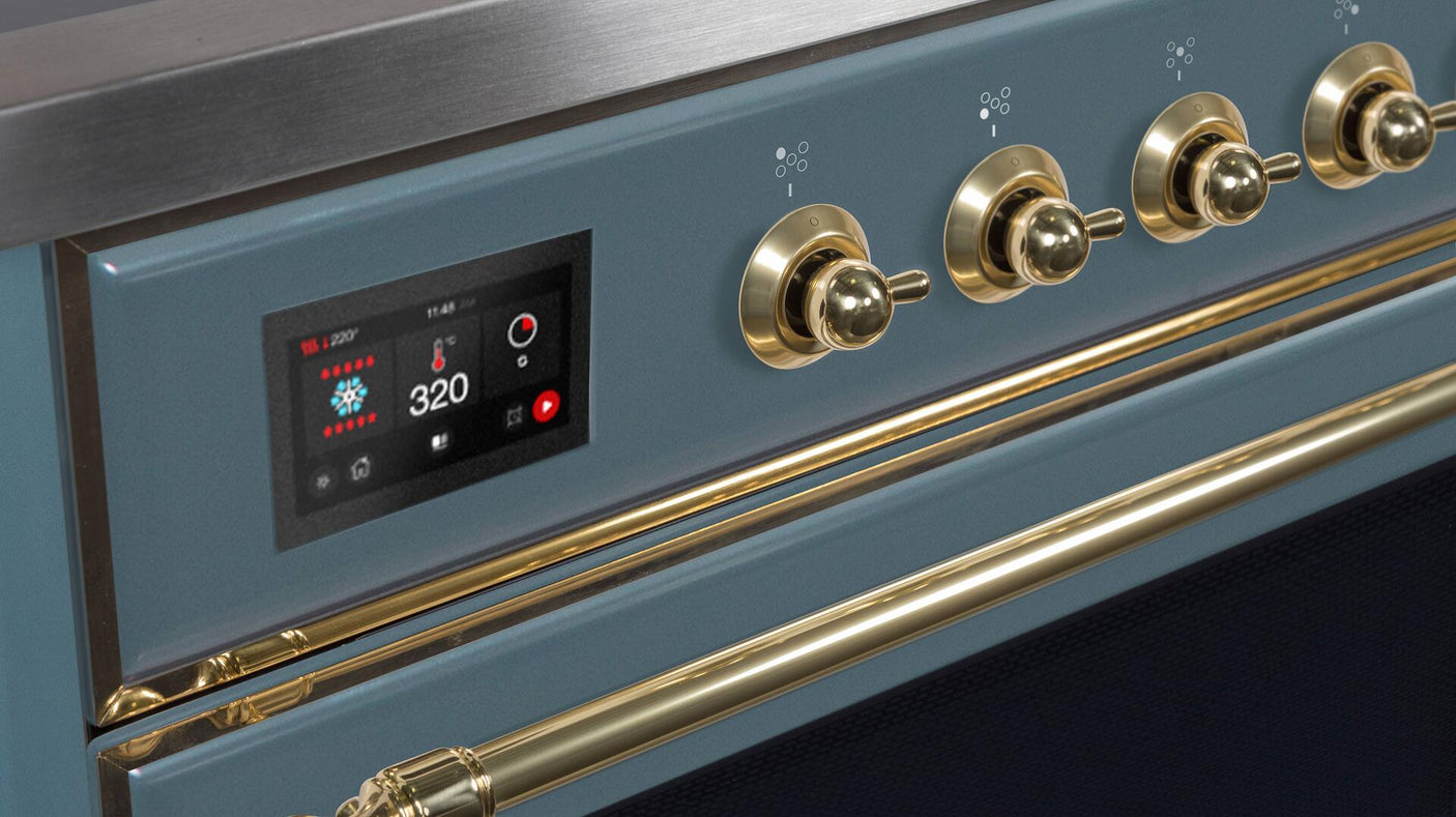 Majestic II 36 Inch Dual Fuel Natural Gas Freestanding Range in Blue Grey with Brass Trim