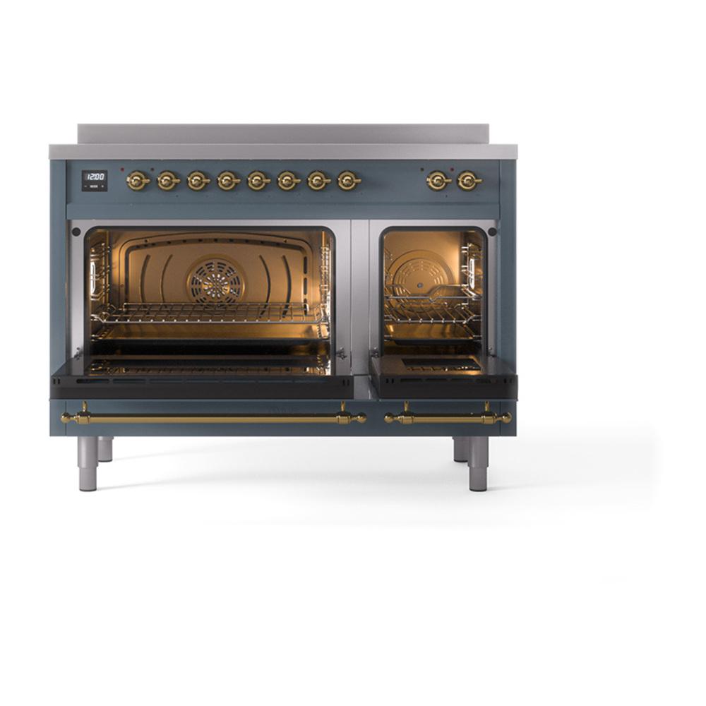 ILVE UNI486QNMPBGG Nostalgie II Noblesse 48 inch Induction Range (Solid Door, Blue Grey, Brass)