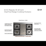 ILVE UMD40FNR3BKG Majestic III 40 inch Dual Fuel Range with 6 Burners and Griddle, Dual Function Burner up to 25,000 BTU (Natural Gas, Triple Glass Door, Glossy Black, Brass)