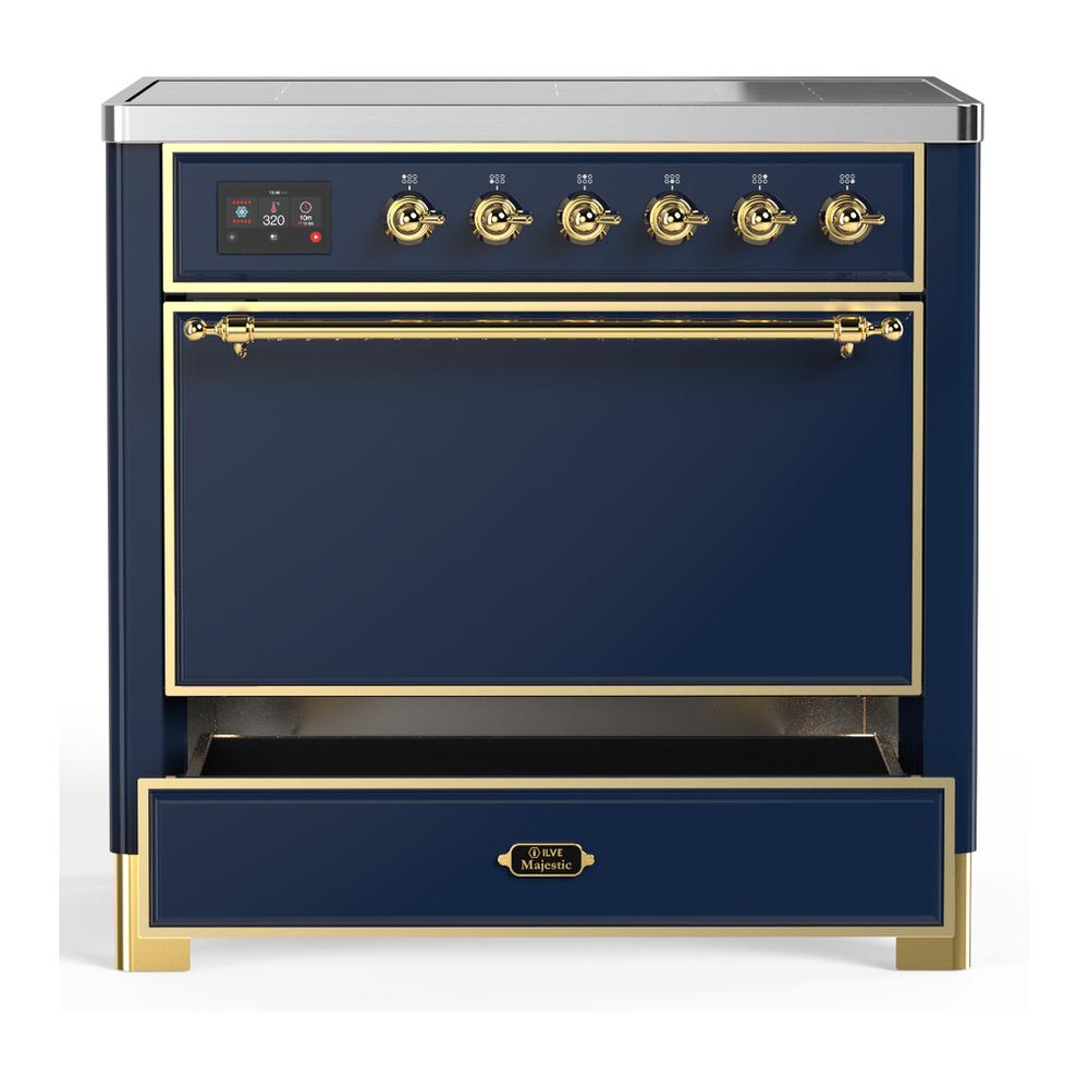ILVE UMIB36QNR3MBG Majestic III 36 inch Induction Range with 6 Elements, 3.5 cu. ft. Total Oven Capacity (Solid Door, Midnight Blue, Brass)