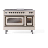 ILVE UN48FSNMPAWB Nostalgie II Noblesse 48 inch Dual Fuel Range (5 Sealed Burners + Griddle + French Top, Natural Gas, Triple Glass Door, Antique White, Burnished)