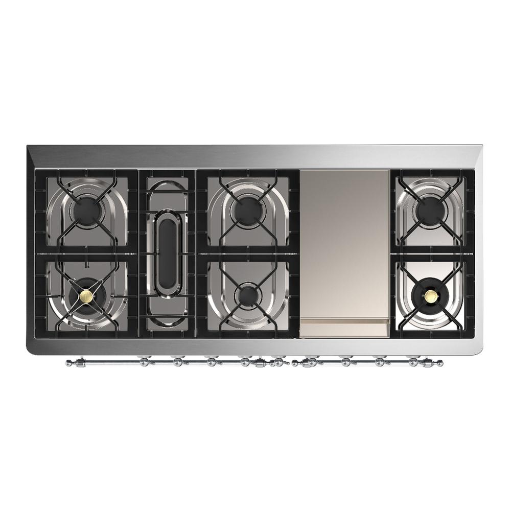 ILVE UM60FNR3BKCLP Majestic III 60 inch Dual Fuel Range with 9 Burners and Griddle, Dual Function Burner up to 25,000 BTU (Liquid Propane, Triple Glass Door, Glossy Black, Chrome)