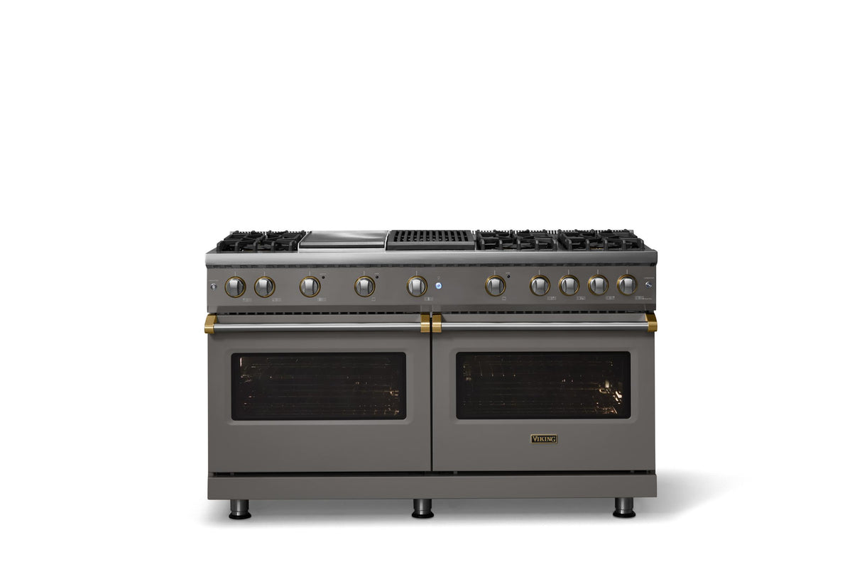 60"W. Sealed Burner Gas Range (Finish: Damascus Gray, Trim: Brushed Brass, Fuel: Propane)