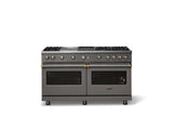 60"W. Sealed Burner Gas Range (Finish: Damascus Gray, Trim: Brushed Brass, Fuel: Propane)