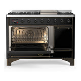 ILVE UM48FQNR3BKBLP Majestic III 48 inch Dual Fuel Range with 8 Burners and Griddle, Dual Function Burner up to 25,000 BTU (Liquid Propane, Solid Door, Glossy Black, Burnished)