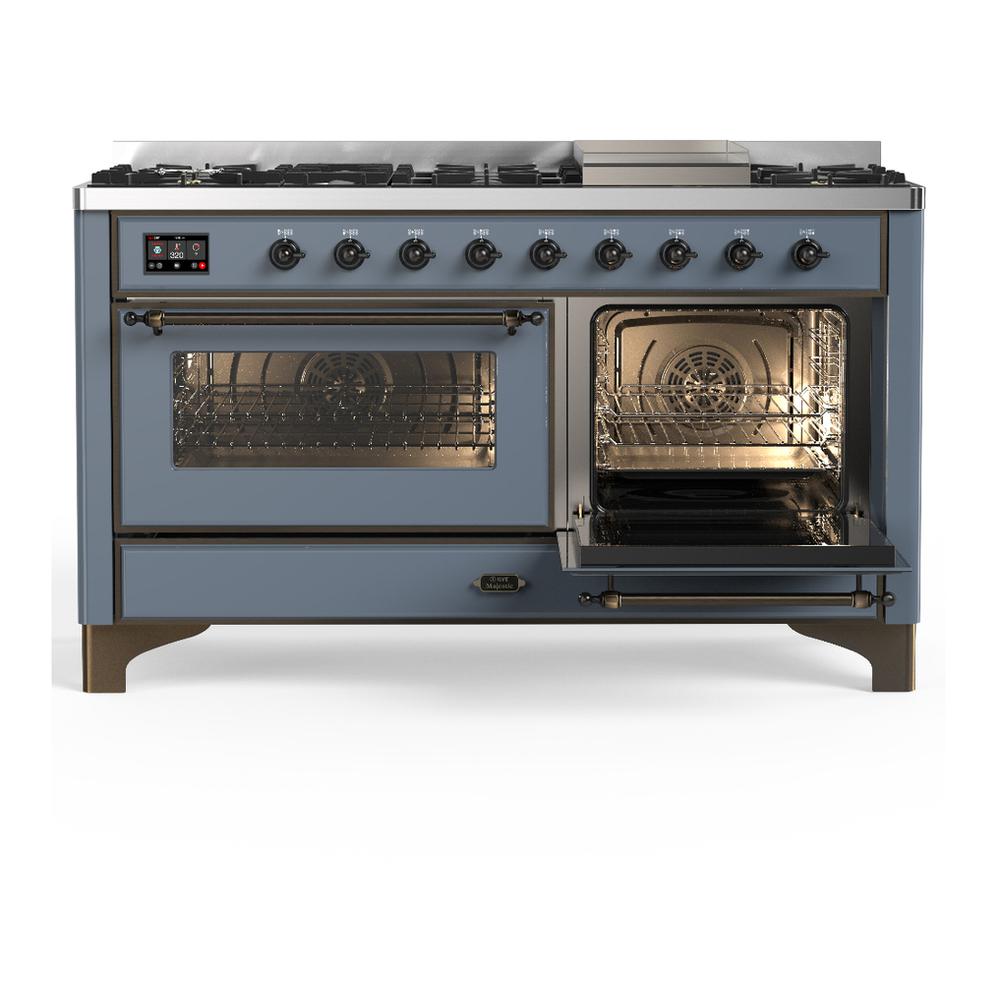 ILVE UM60FNR3BGB Majestic III 60 inch Dual Fuel Range with 9 Burners and Griddle, Dual Function Burner up to 25,000 BTU (Natural Gas, Triple Glass Door, Blue Grey, Burnished)
