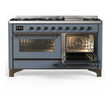 ILVE UM60FNR3BGB Majestic III 60 inch Dual Fuel Range with 9 Burners and Griddle, Dual Function Burner up to 25,000 BTU (Natural Gas, Triple Glass Door, Blue Grey, Burnished)