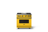 36"W. Sealed Burner Gas Range (Burner: 4g, Finish: Daffodil, Trim: Brushed Brass, Fuel: Natural Gas)