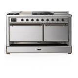 ILVE UM60FSQNR3SSBLP Majestic III 60 inch Dual Fuel Range with 7 Burners, Griddle and French Top, Dual Function Burner with up to 25,000 BTU (Liquid Propane, Solid Door, Stainless Steel, Burnished)