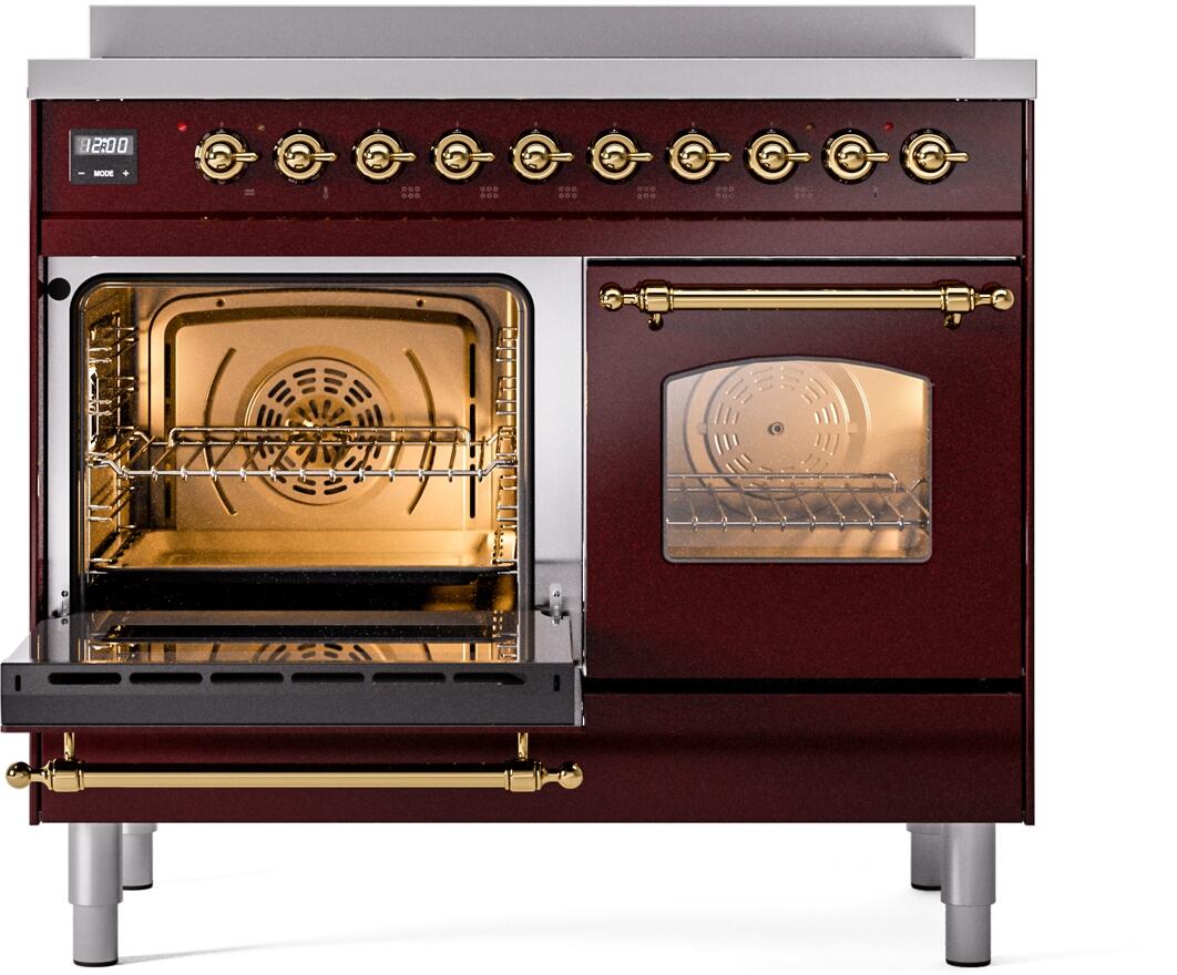 Nostalgie II 40 Inch Electric Freestanding Range in Burgundy with Brass Trim