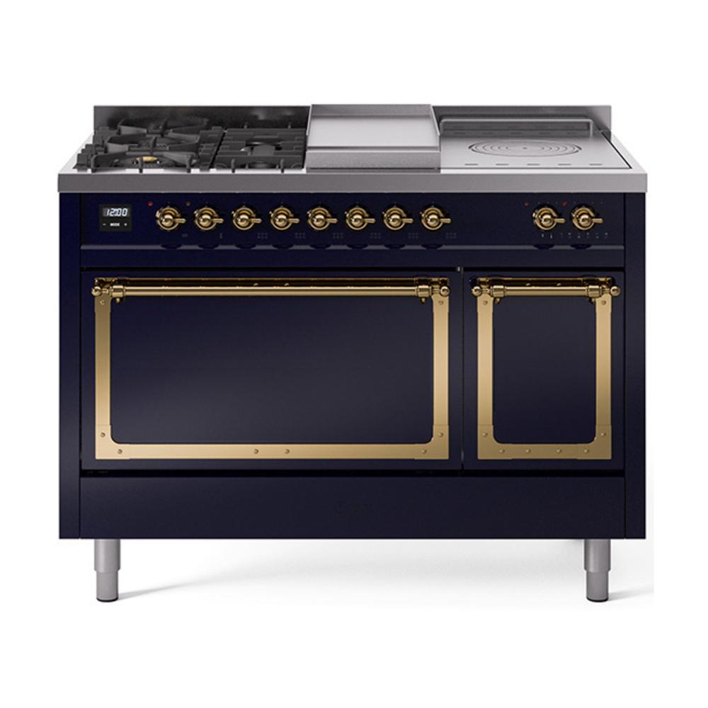 ILVE UN48FSQNMPMBGLP Nostalgie II Noblesse 48 inch Dual Fuel Range (5 Sealed Burners + Griddle + French Top, Liquid Propane, Solid Door, Midnight Blue, Brass)