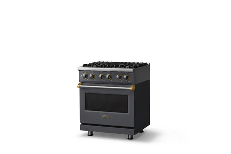30"W. Dual Fuel Range (Finish: Cast Black, Trim: Brushed Brass, Fuel: Natural Gas)