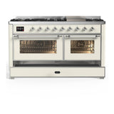 ILVE UM60FNR3AWCLP Majestic III 60 inch Dual Fuel Range with 9 Burners and Griddle, Dual Function Burner up to 25,000 BTU (Liquid Propane, Triple Glass Door, Antique White, Chrome)