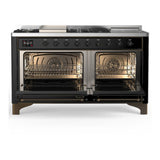 ILVE UM60FSQNR3BKB Majestic III 60 inch Dual Fuel Range with 7 Burners, Griddle and French Top, Dual Function Burner with up to 25,000 BTU (Natural Gas, Solid Door, Glossy Black, Burnished)