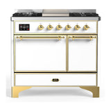 ILVE UMD40FQNR3WHGLP Majestic III 40 inch Dual Fuel Range with 6 Burners and Griddle, Dual Function Burner up to 25,000 BTU (Liquid Propane, Solid Door, White, Brass)